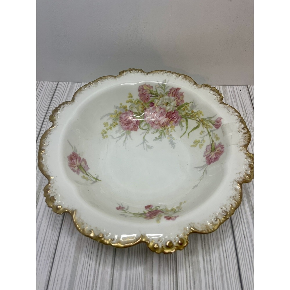 Jean Pouyat Limoges J P L Bowl Roses Embossed Gold Rim EXC